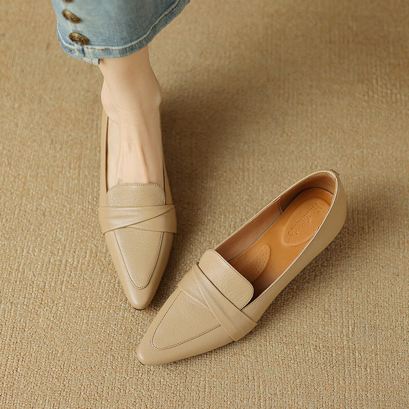 Full-grain Sheepskin Pointed-toe Chunky Heel Shoes Women's Spring New