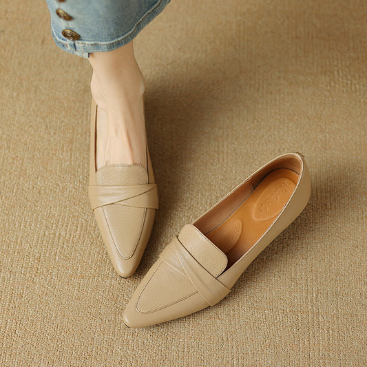 Full-grain Sheepskin Pointed-toe Chunky Heel Shoes Women's Spring New
