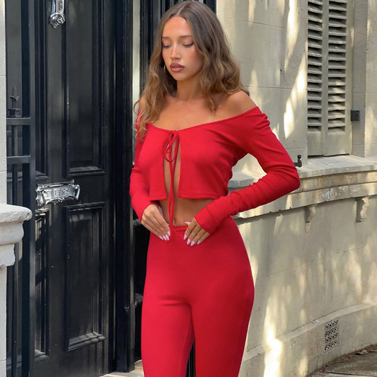Womens Sexy Solid-Color Bandage Long-Sleeve Cropped Pants Set