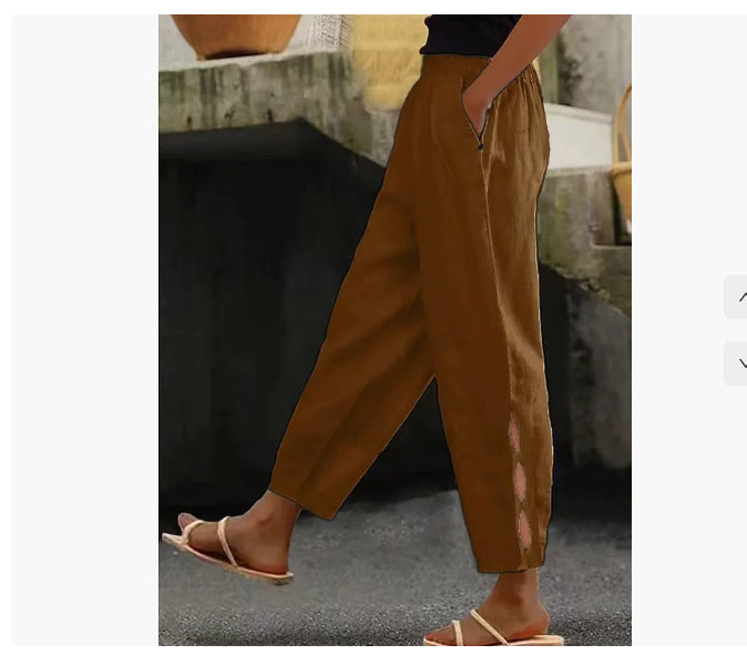 Hollow-Out Ankle Detail Trousers - Button-Adorned Bottom Hem Pants For Women Summer Daily Wear