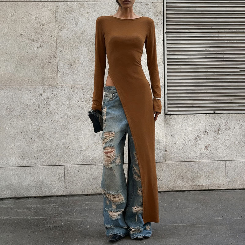 Solid Color Round-neck Long-sleeved Dress Women