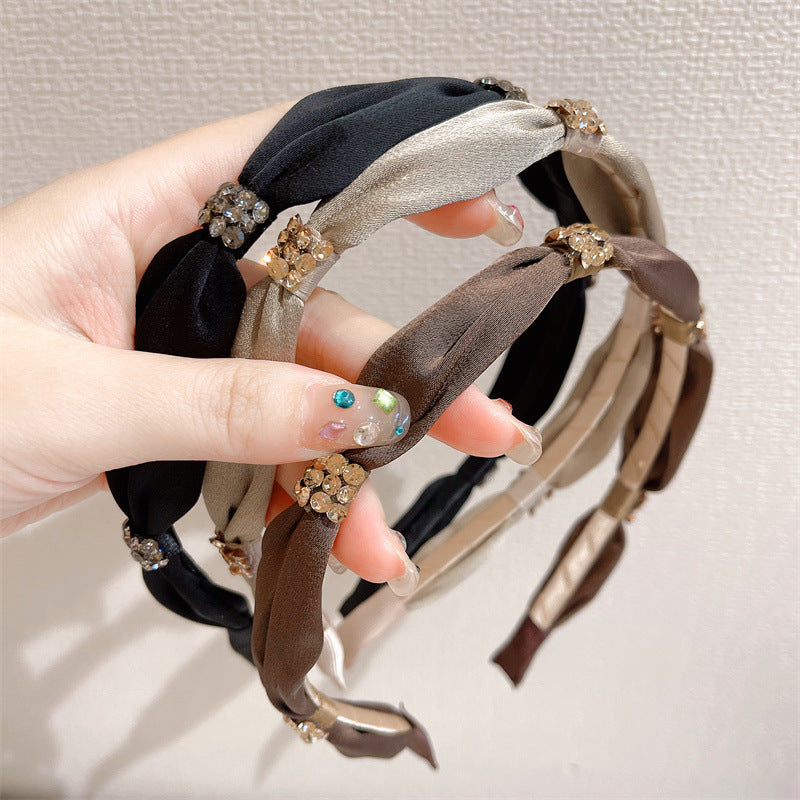 New High-end Silk Fabric Hairband With Rhinestones And A Bow Knot