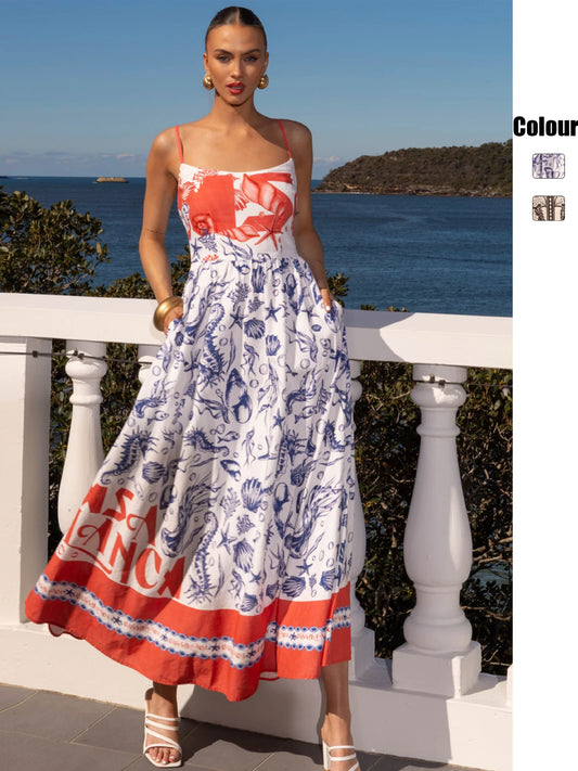 Printed Large Swing Fashionable Sweet Camisole Dress