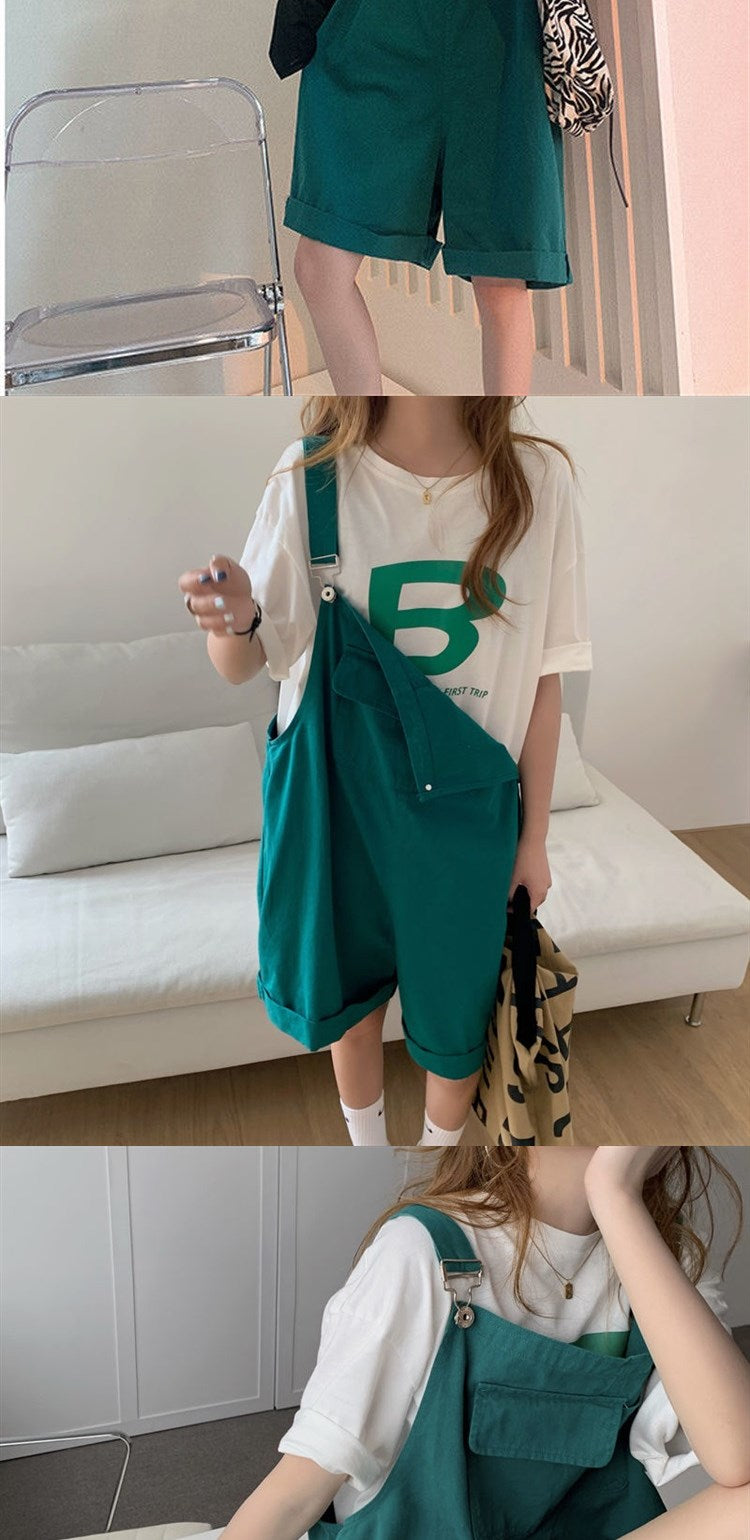 Suspender Shorts Women's Flanging Solid Color Cropped Pants
