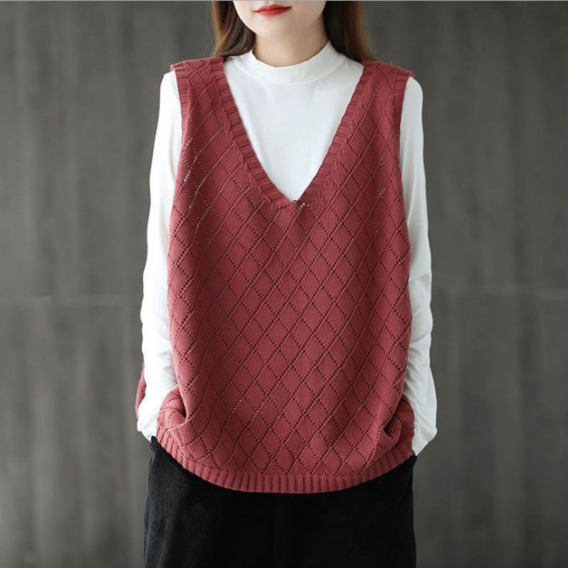 Womens Retro Loose-Neck Hollow-Out Knitted Vest