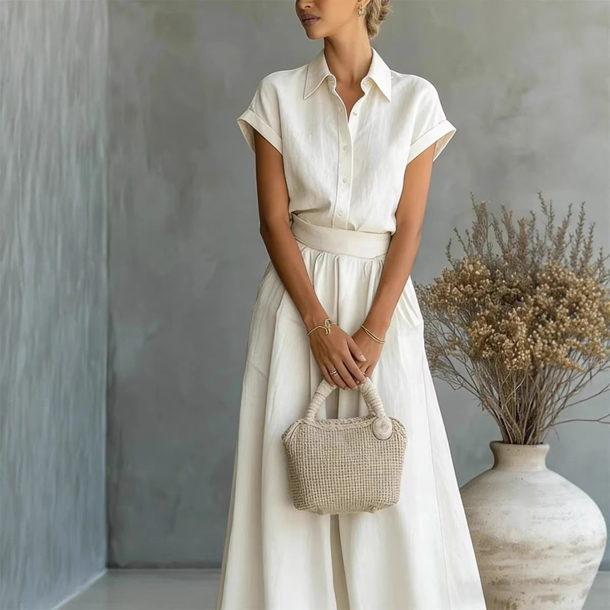 Fashionable Casual Solid-Colored Shirt And Wide-Leg Pants Two-Piece Set