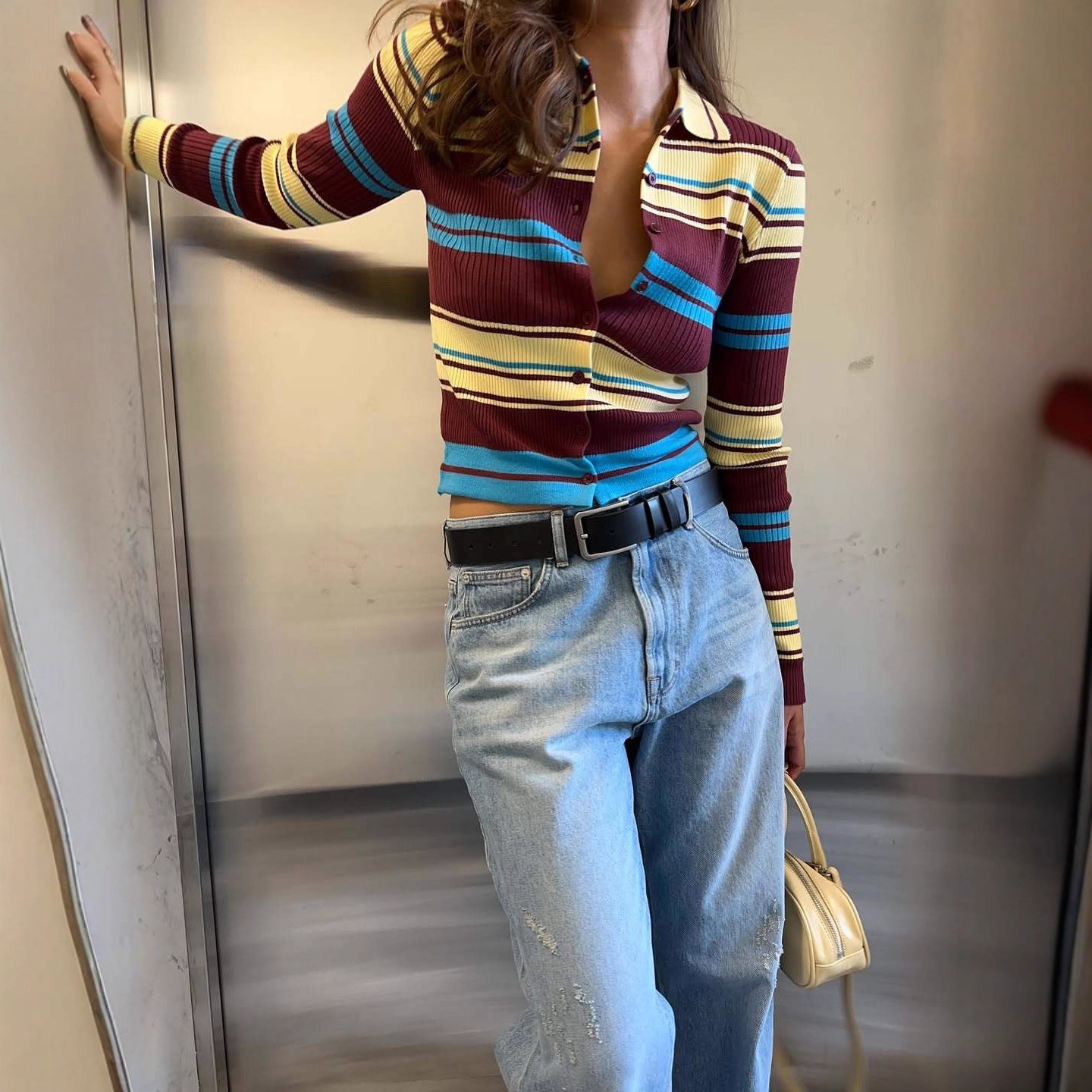 Retro-collar Slimming Versatile Striped Sweater
