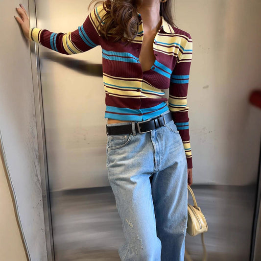 Retro-collar Slimming Versatile Striped Sweater