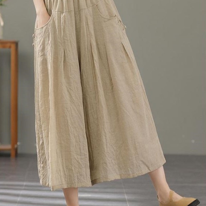 Retro Buckle Casual Thin Cotton And Linen Cropped Wide-leg Pants For Women