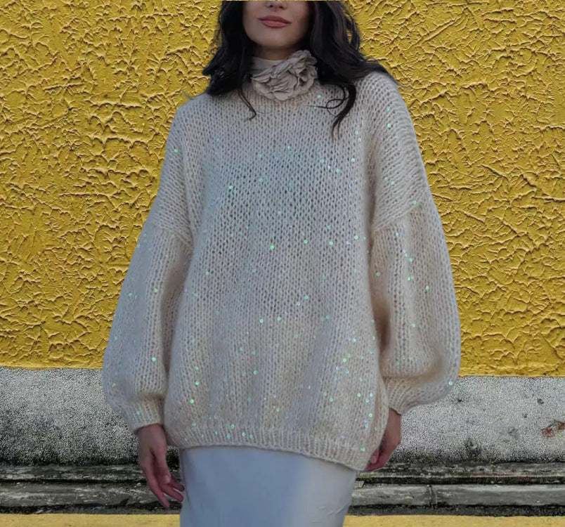 European And American Loose Round Neck Fashion Sequined Mohair Sweater Lantern Sleeve