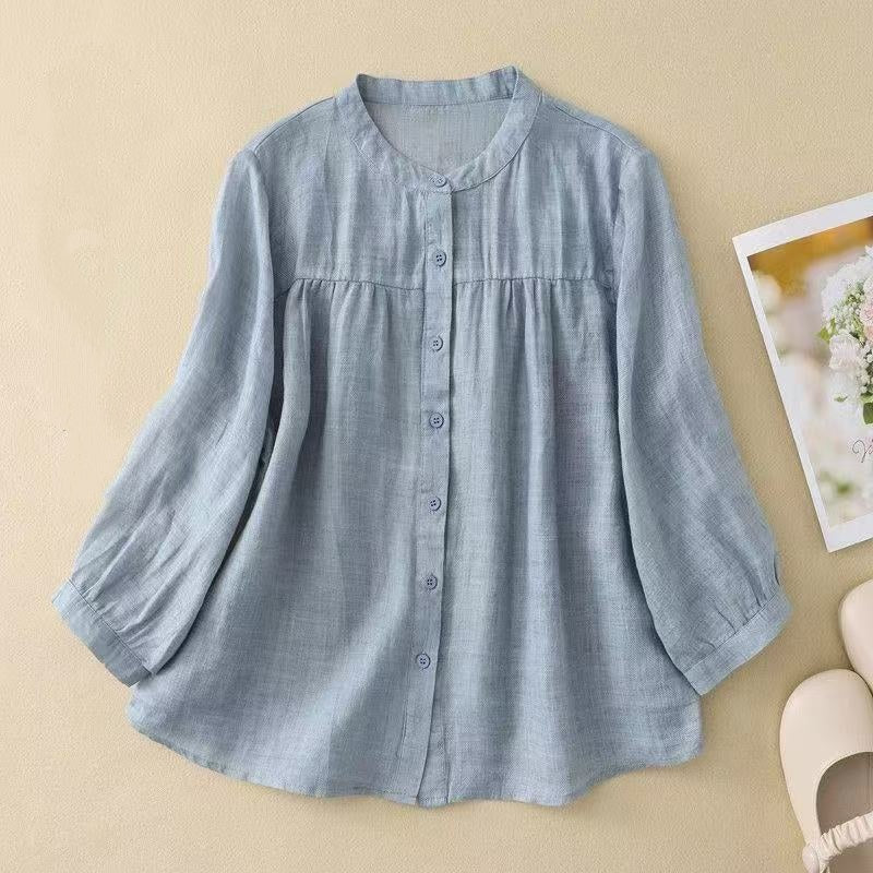 Casual Relaxed-fit Artistic Three-quarter-length Solid-color Shirt