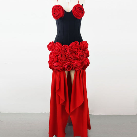 Womens Avant-garde High-end Black And Red Midi Dress