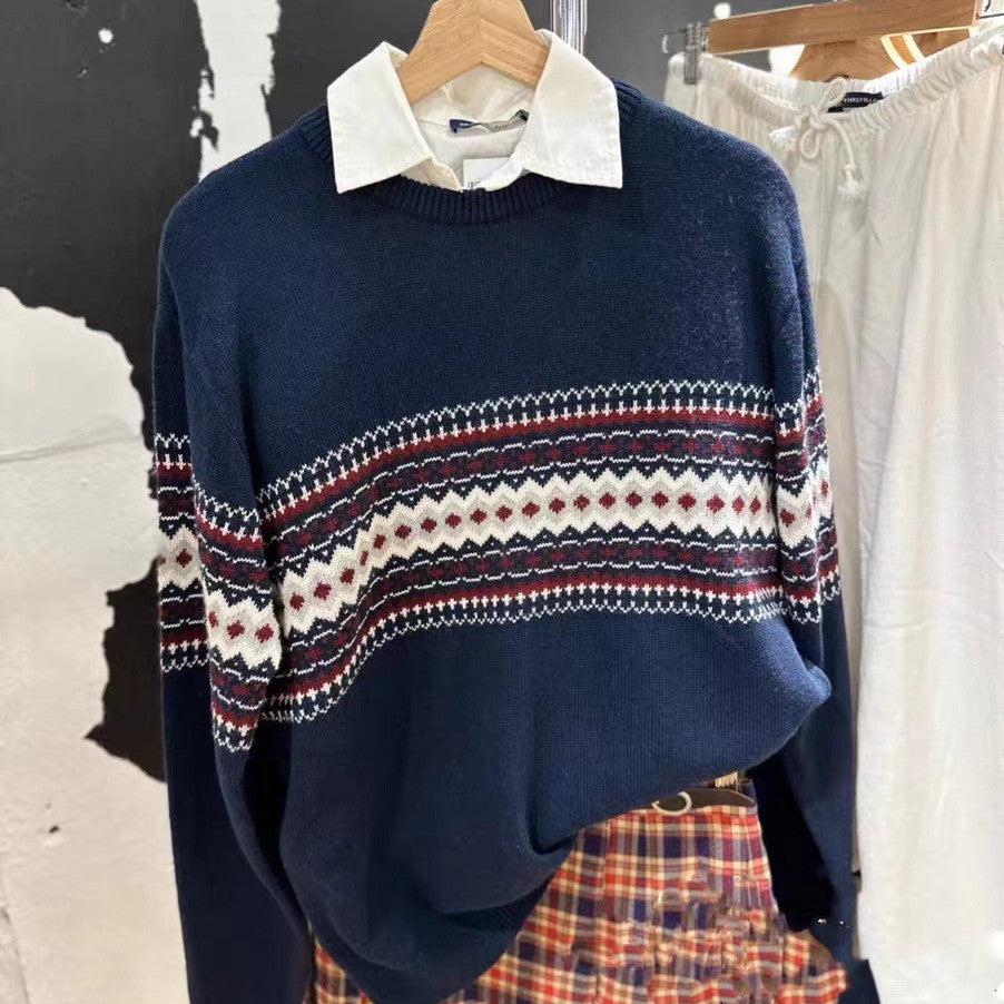 Round Neck Jacquard Diamond Plaid Long Sleeve Pullover Sweater