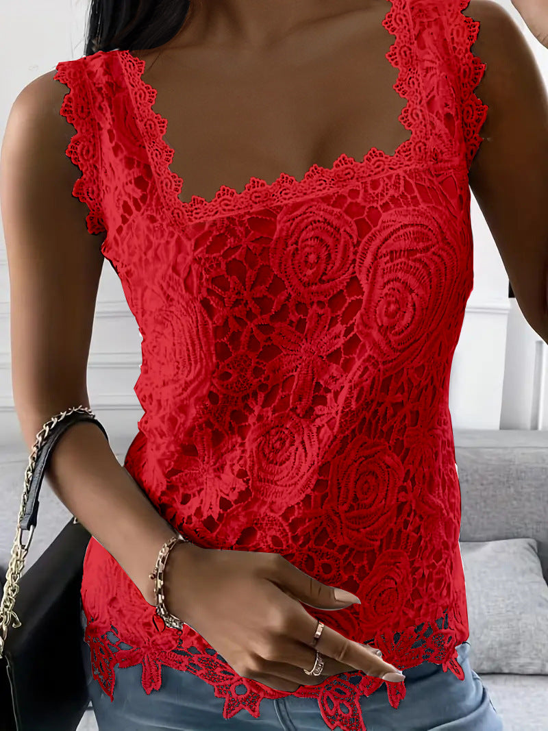 Summer New Square Collar Lace Sleeveless Vest Short Sleeve