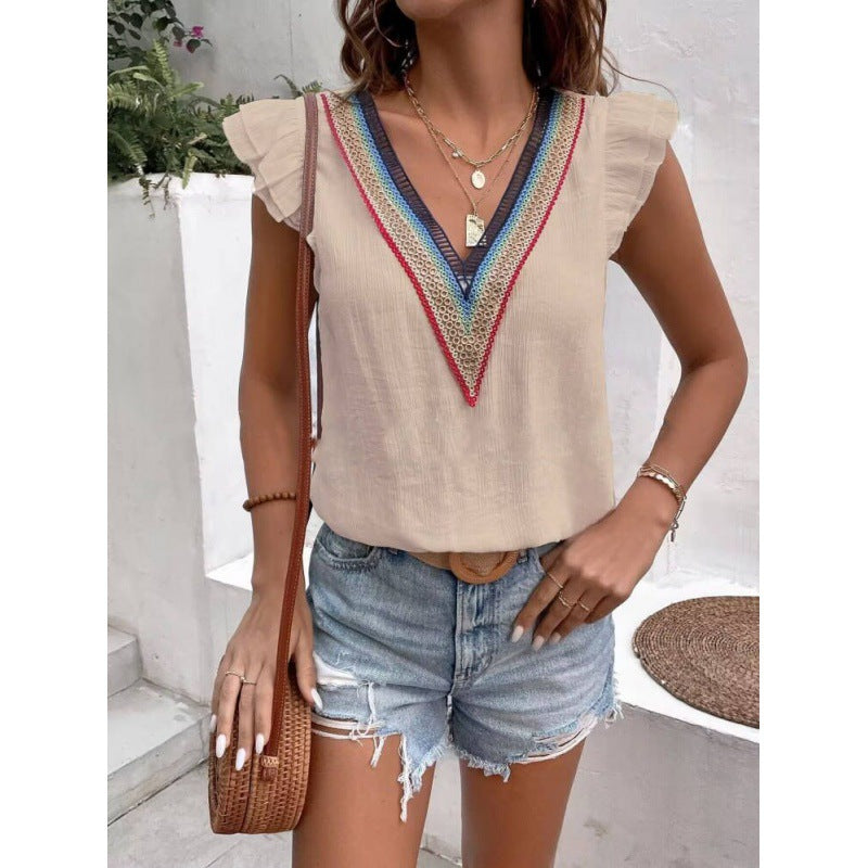 Vintage Shirt Women's Deep V Lace Hollow-out Short-sleeved Top