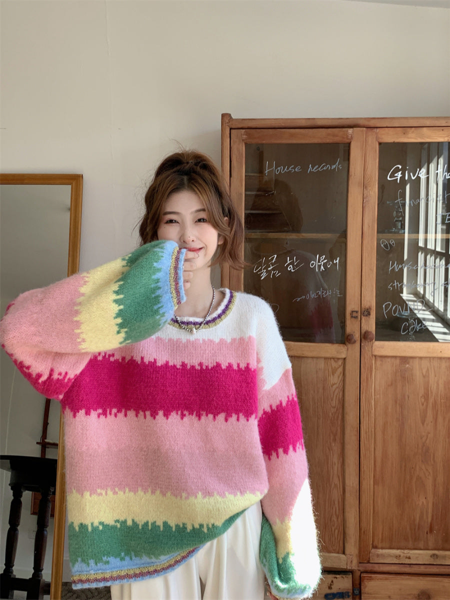 Large Contrast Rainbow Stripe Pullover Sweater For Women Loose And Versatile