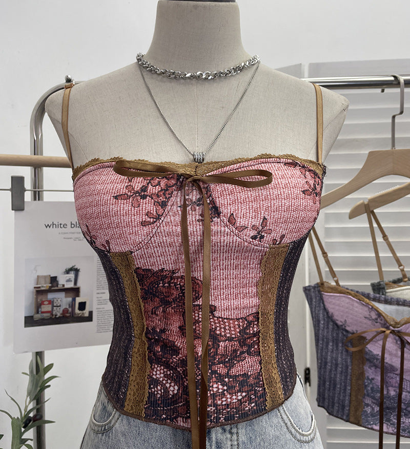 Vintage Ink Painting With Chest Pad Short Lace Up Tube Top For Women