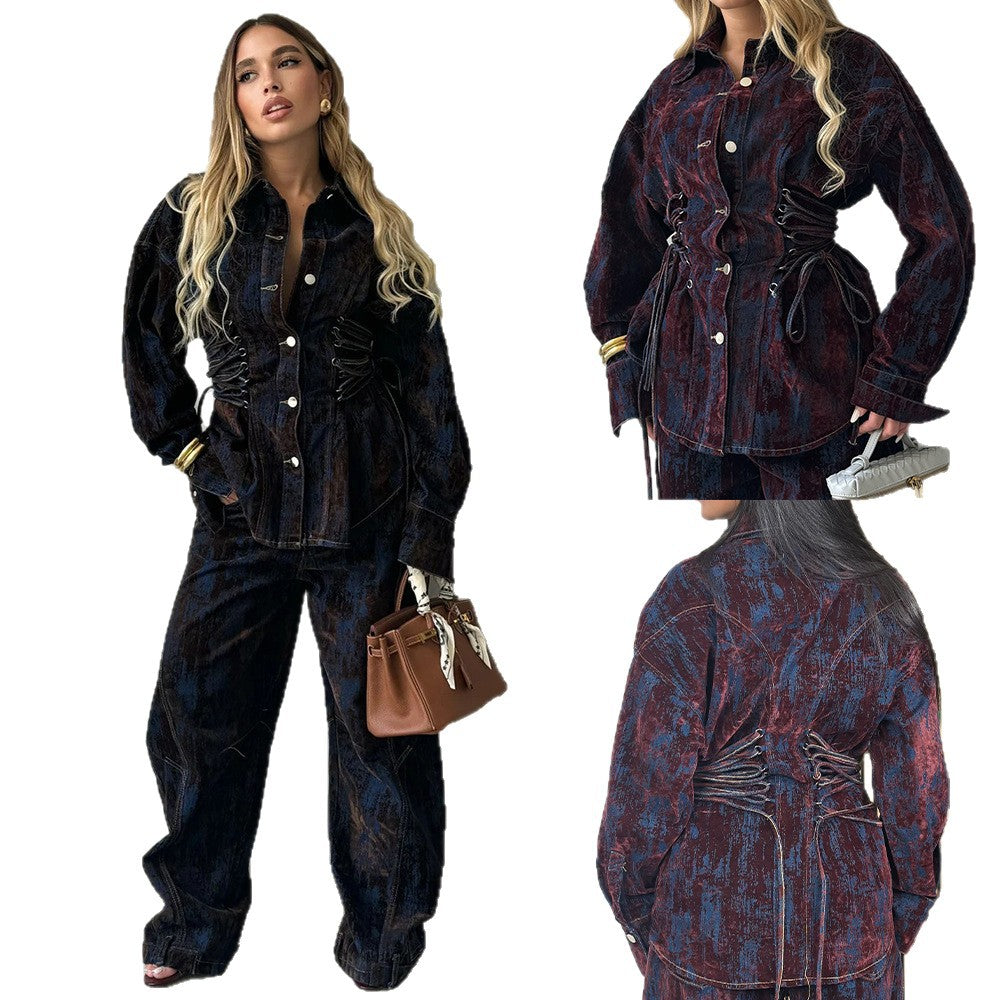 Printed Flocking Contrasting Color Tie-dye Denim Jacket And Pants Set