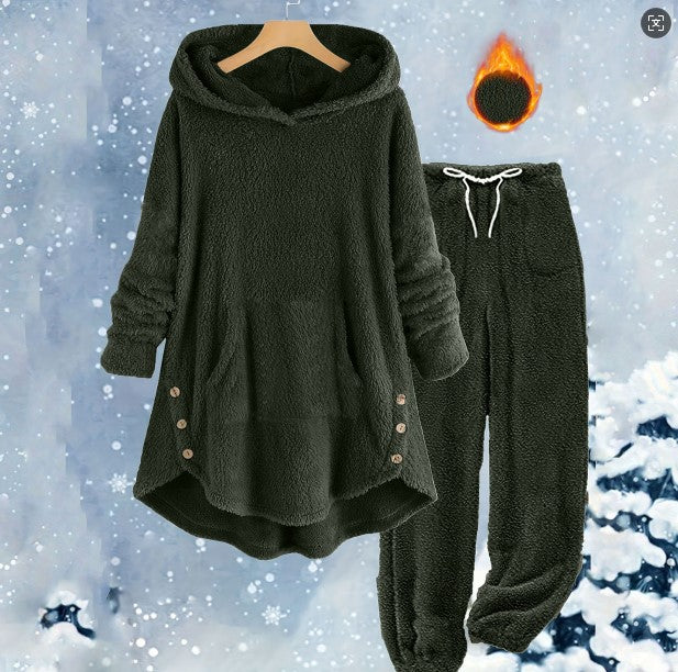 New AutumnWinter European And American-style Casual Womens Solid-color Plush Hooded Long-sleeve Pants