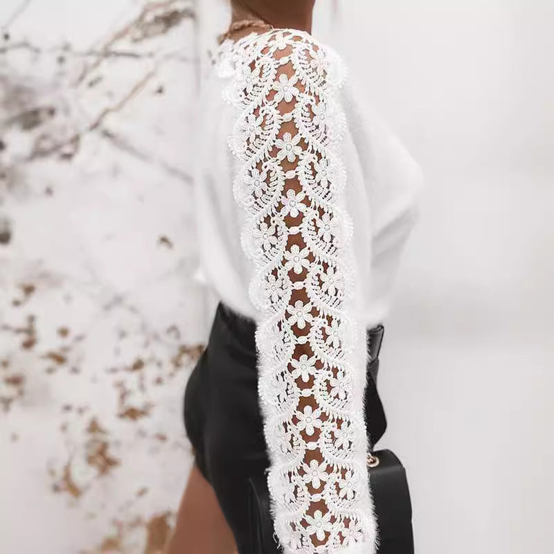 Elegant Boat-neck Lace Stitching Sleeve Knitted Sweater