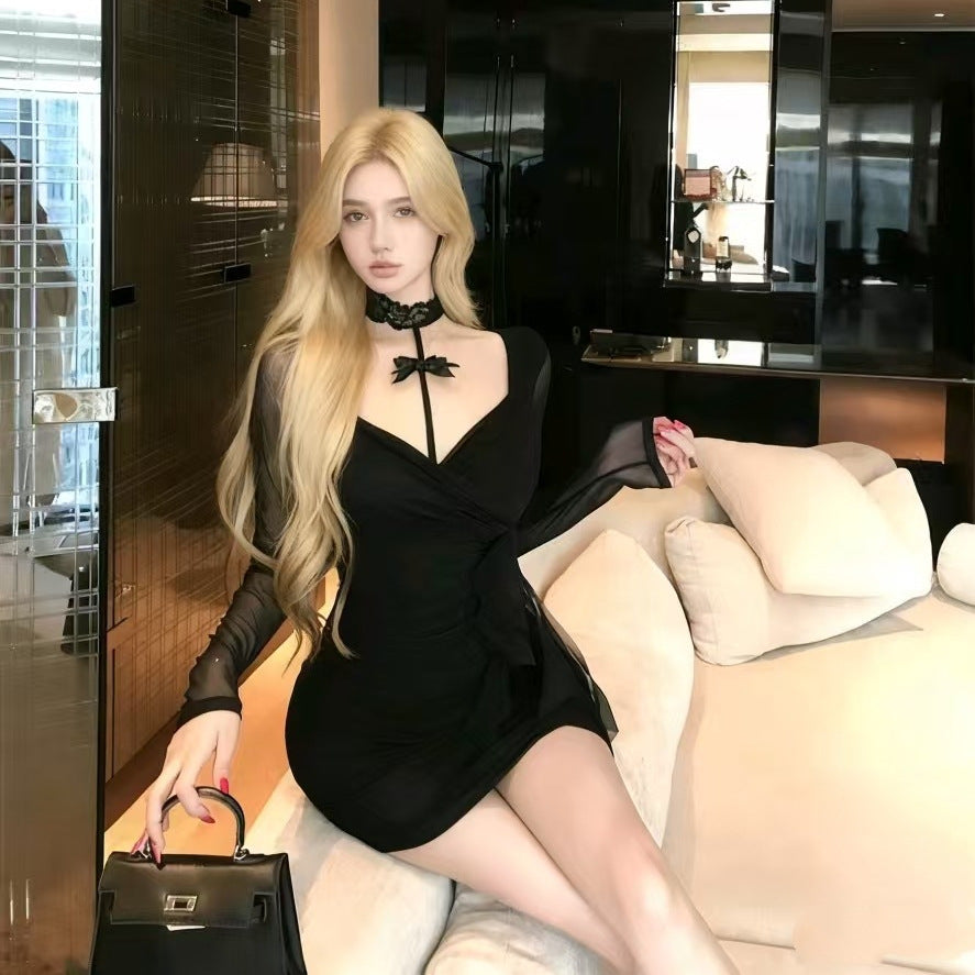 Sheer Alluring And Sexy V-neck Low-cut Long-sleeve Bodycon Waist-cinching Slip Dress