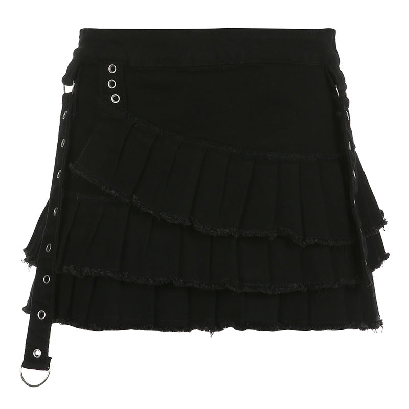 Metal Buckle Irregular Pleated Denim Skirt