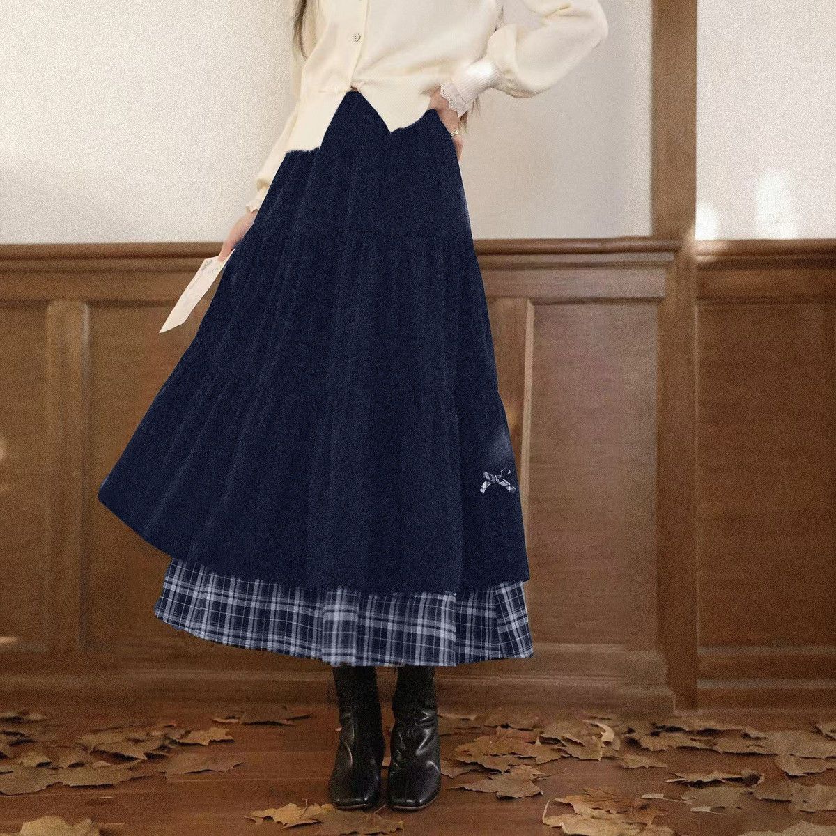 Thickened Japanese-style High-waisted Slimming Bow A-line Long Skirt