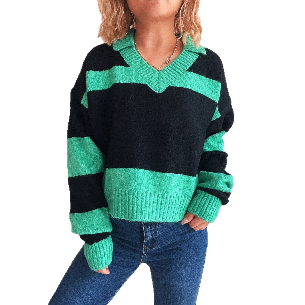 Contrast Color Striped Knitted Lapel Commuter Long Sleeve Women's Sweater