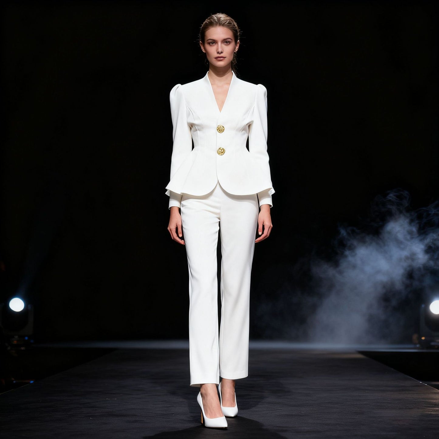Retro Puff Sleeve Suit Two-Piece Set For Women