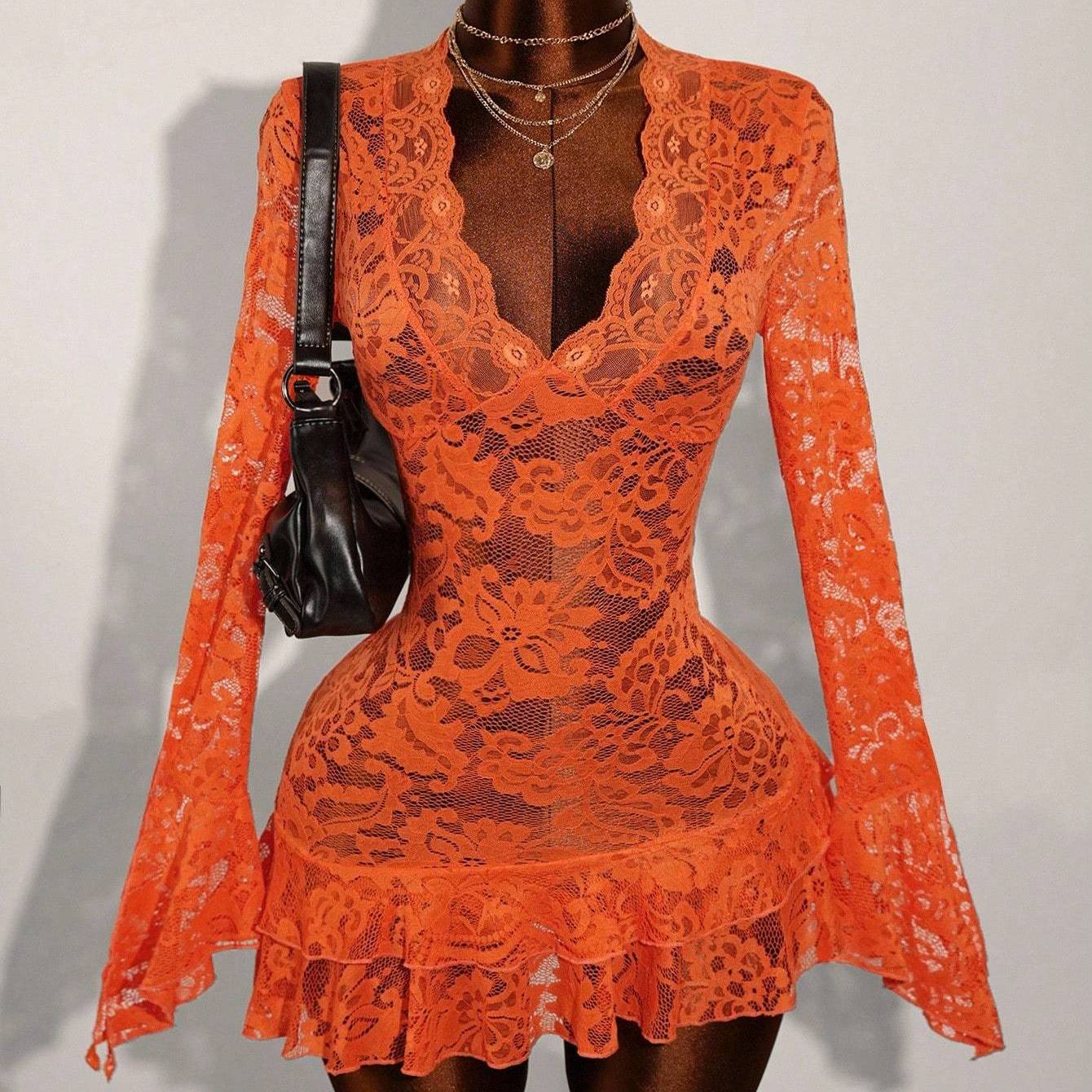 Retro Chic Cutout Lace VNeck DefinedWaist Mini Dress