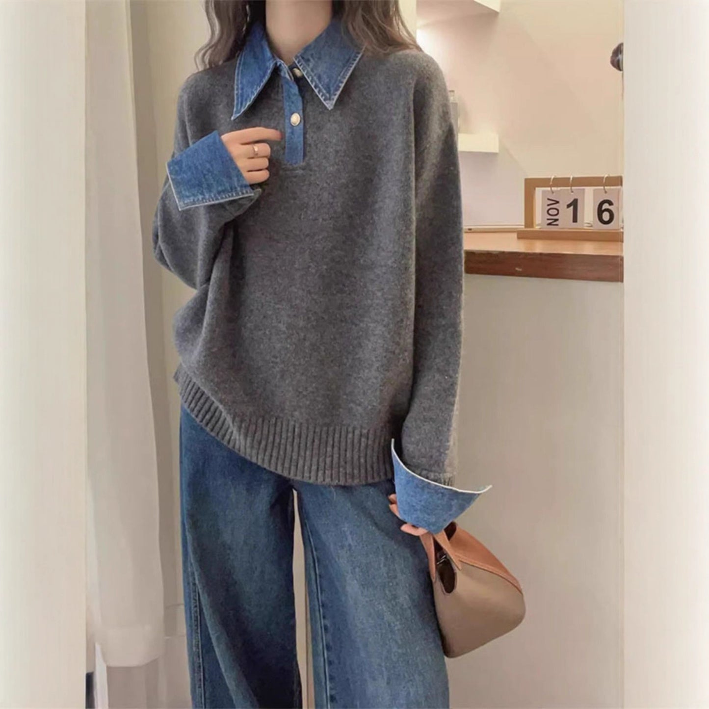 Women's Denim Sleeve Stitching Fake Two Pieces Sweaters Coat New Loose