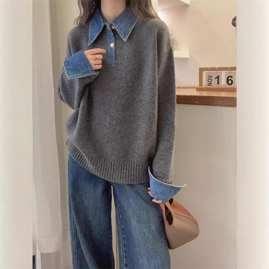 Women's Denim Sleeve Stitching Fake Two Pieces Sweaters Coat New Loose
