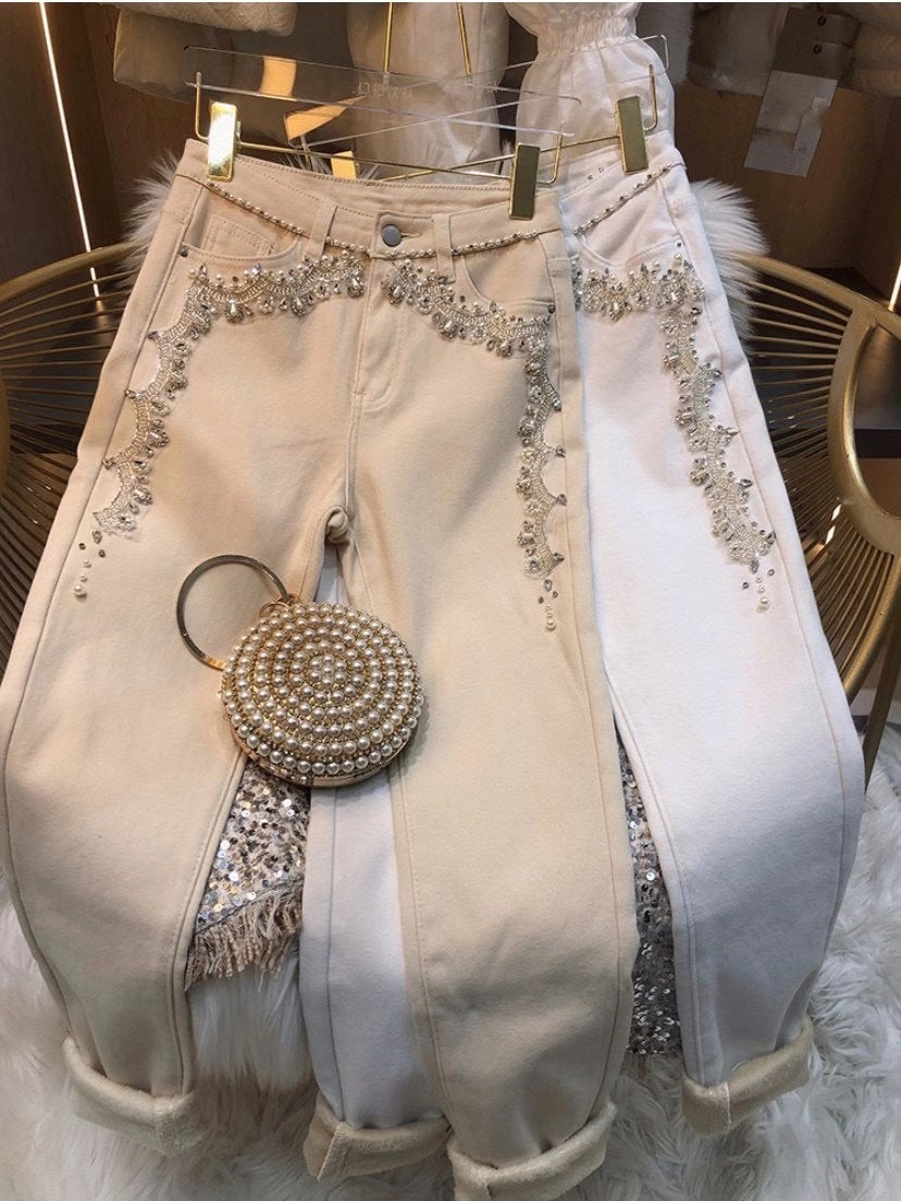 Heavy Industry Beaded High Waist Slim And Velvet Foot Pants