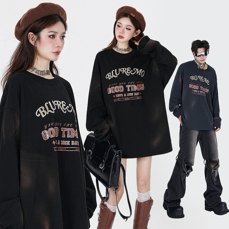 Mørk Vasket Guldtryk Rundhals Pullover Sweatshirt
