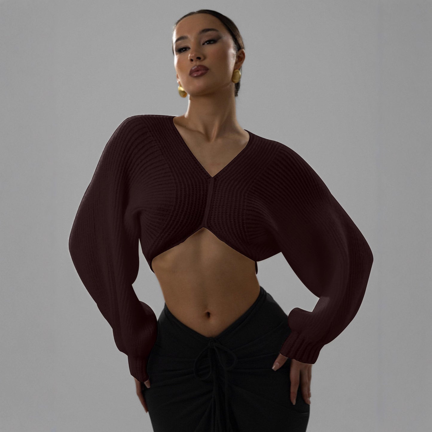 V-neck Midriff-baring Short Temperamental Knitted Sweater
