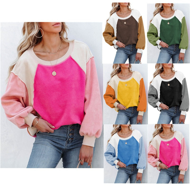 Fleece Lantern Sleeve Sweater Plush Contrast Color Long Sleeve Pullover Top