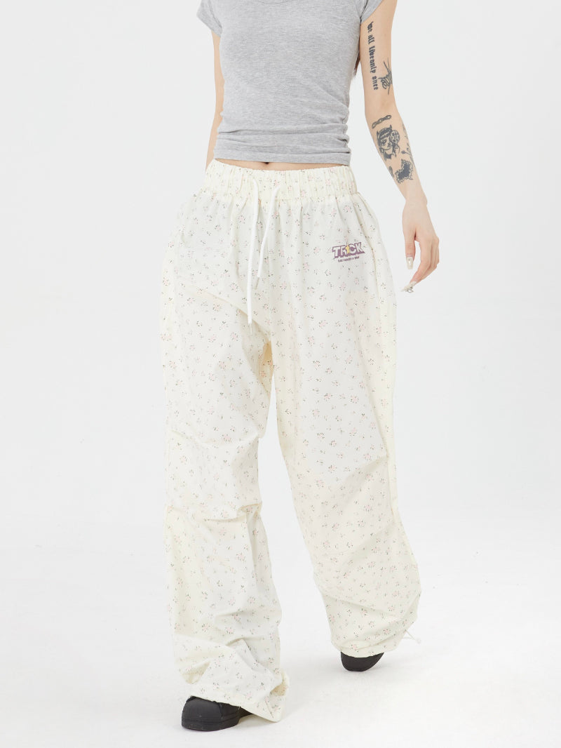 Casual Flared Pants With A Small Floral All-over Print Versatile Street-style Wide-leg Trousers