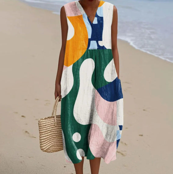Womens Fashionable V-Neck Sleeveless Printed Dress