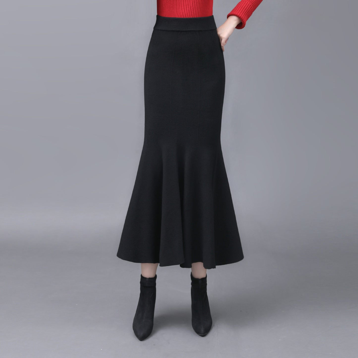 Womens Solid-Colored French-Style Retro High-Waist Knitted Fishtail Skirt