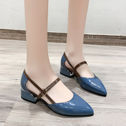 Women's Hollow Toe Block Heel Patent Leather Sandals