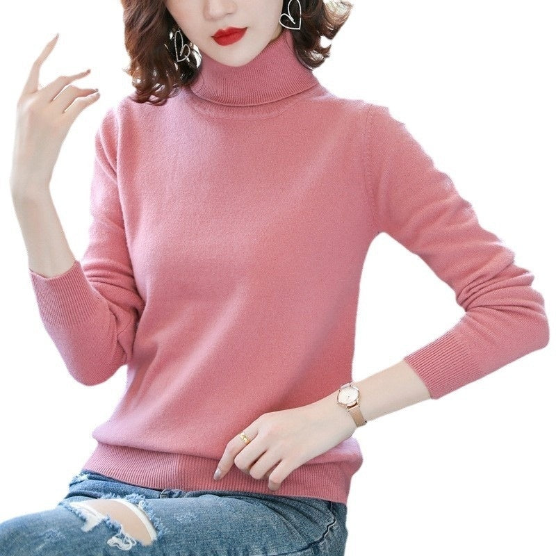Pure Wool Sweater Women's Turtleneck Pullover Solid Color Loose Short