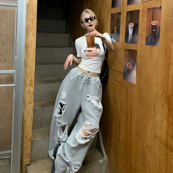 Loose Casual Dancing All-matching Drawstring Wide-leg Straight Trousers