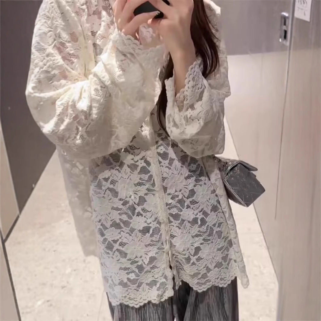 Womens V-neck Hollow-Out Crochet Long-Sleeve Lace Shirt