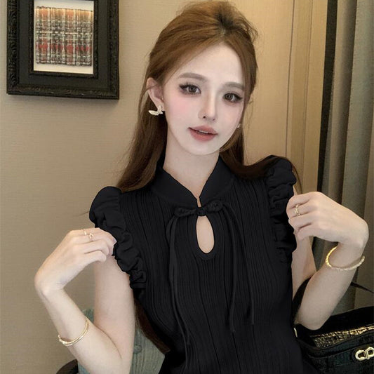 Ny kinesisk stil retro spænde puffærmer elegant top