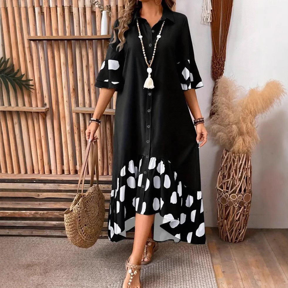 Fashionable Casual Patchwork Polka-Dot Long Shirt Dress For Women