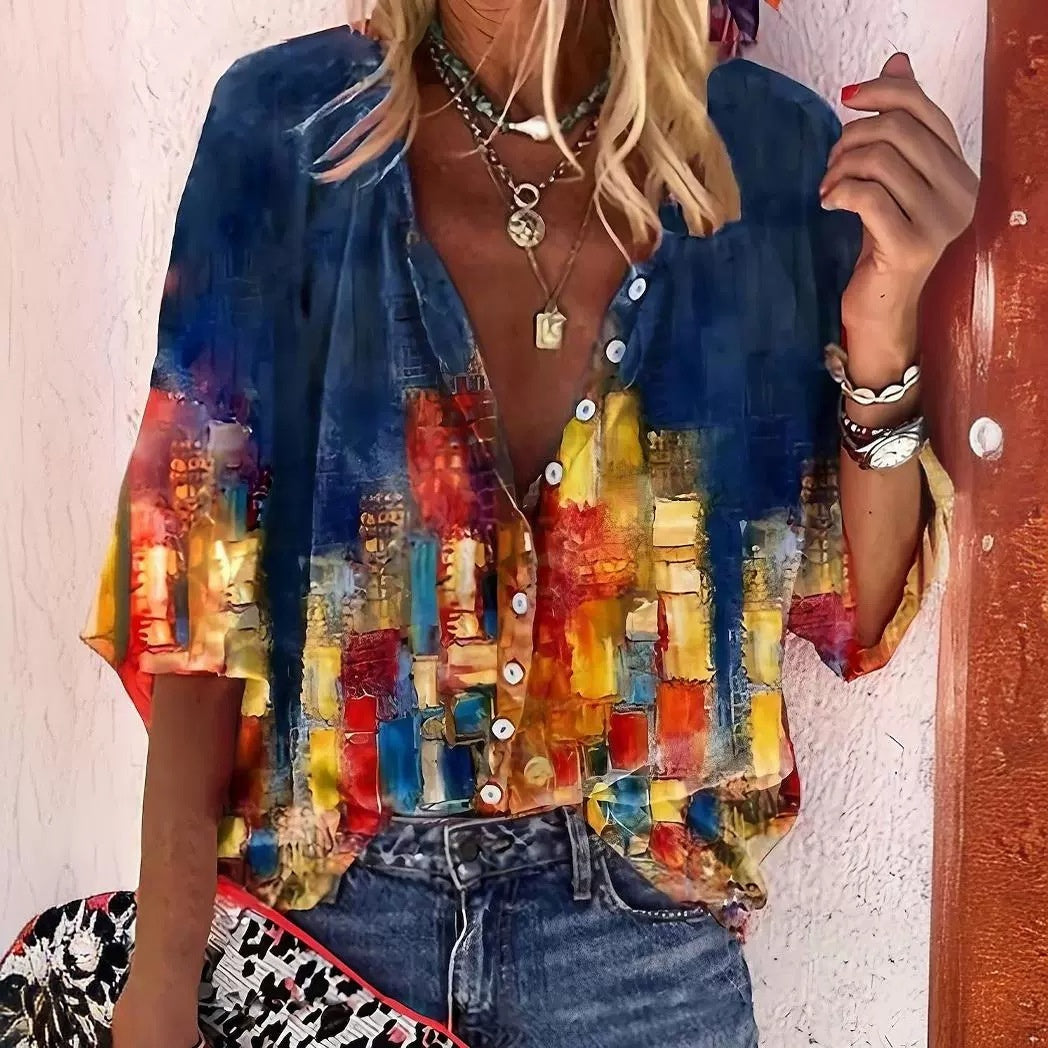 Creative Shading Pattern 3D Printing Home Leisure Short Sleeve V-neck Shirt Women