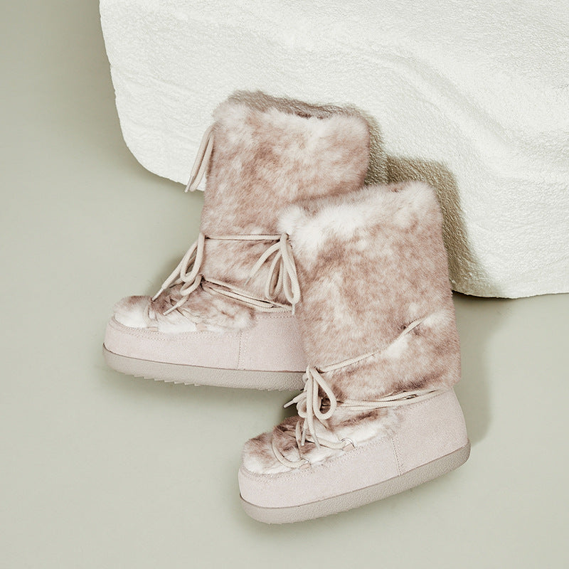 Womens Casual Thin-Strapped Insulated Flat-Heeled Mid-Calf Snow Boots