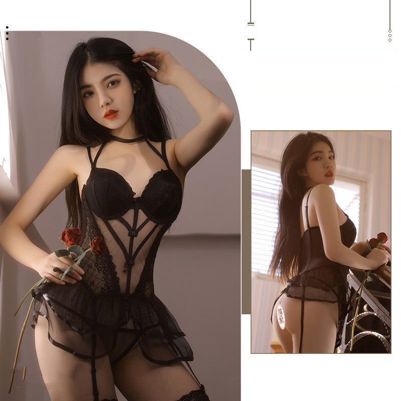Underwire Gathering Perspective Mesh Lace Vest Set