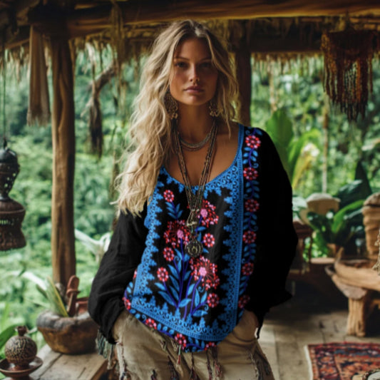 Women's Vintage Ethnic Floral Print Linen Long Sleeve Blouses