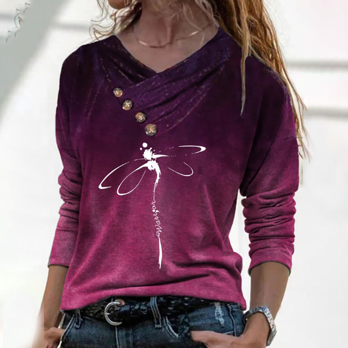 Stripe Positioning Print Button Discount V-Neck Pullover Fashion Autumn Winter Top